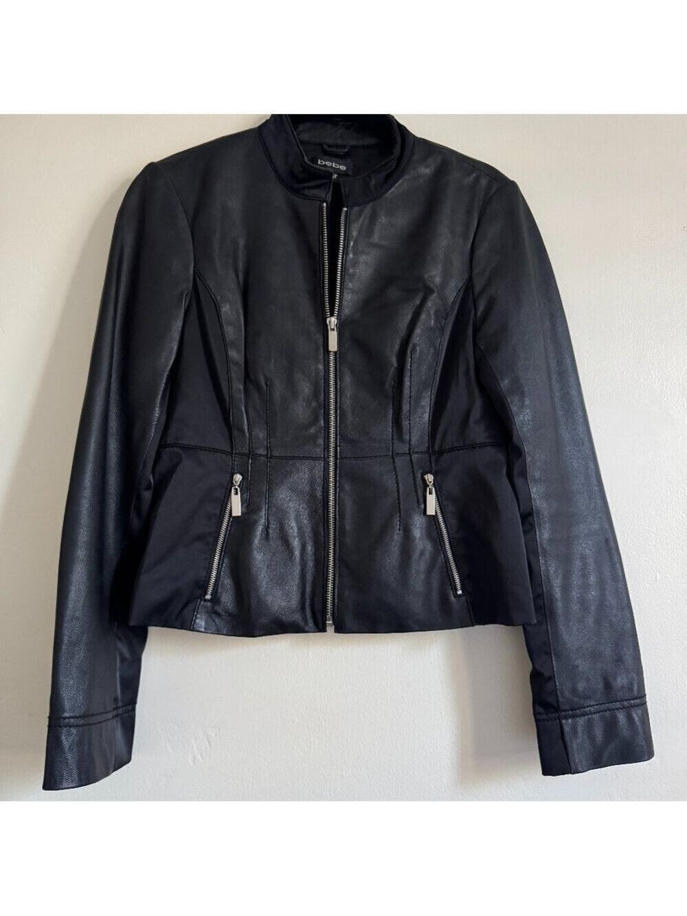 Vintage BEBE Black Leather Peplum Moto Jacket with Lace-up Back, Small
